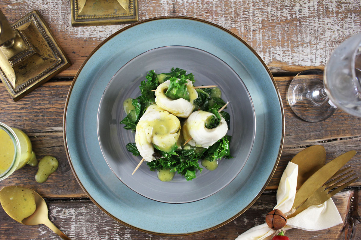 Schollenfilet-Rollchen-mit-Grunkohl-Rezept Rezept Schollenfilet Röllchen mit Grünkohl