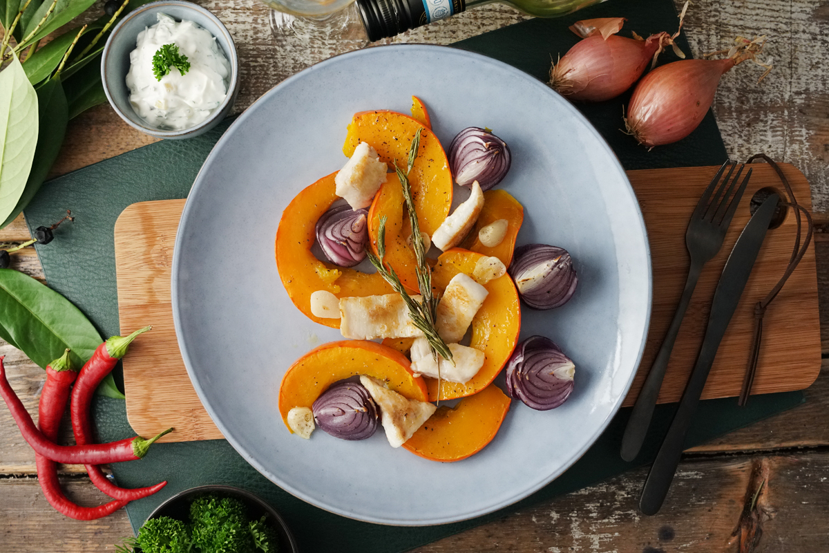 Ofenkürbis mit Viktoriabarschfilet Ofenkürbis mit Viktoriabarschfilet
