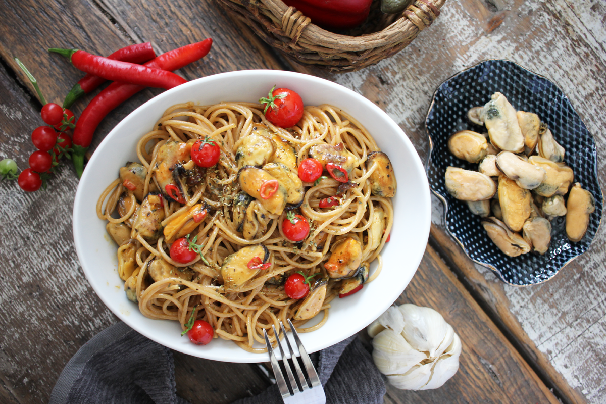 Rezept Miesmuschelnfleisch mit Vollkornspaghetti 