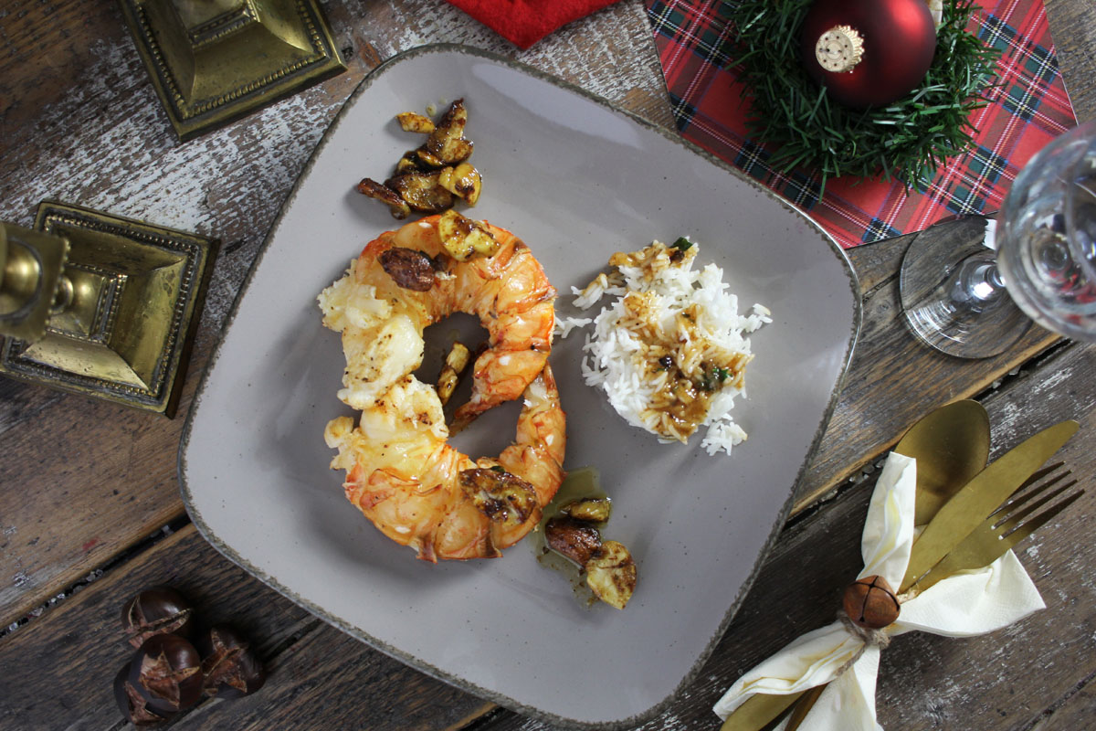 Langustenschwanz mit karamellisierten maronen und Reis Rezept Langustenschwanz mit karamellisierten maronen und Reis Rezept