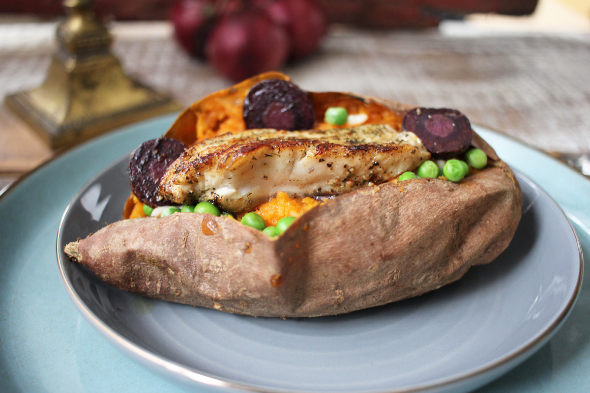 Süßkartoffelkumpir mit Karpfenfilet